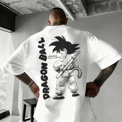 2026 Summer Dragon Ball Oversized T-shirt High Quality 100% Cotton Kid Goku with Power Pole Line Art Print UnisexCasual Y2K