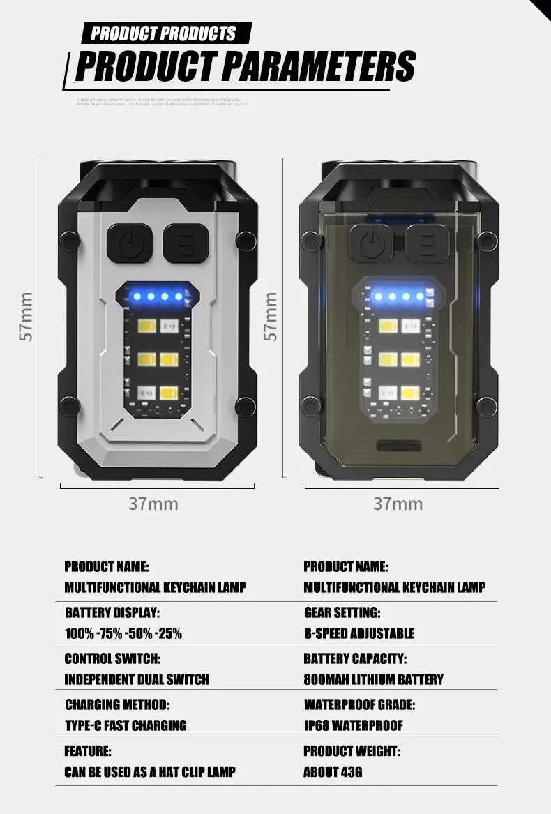 800mAh Super Bright LED COB Flashlight 8 Modes Keychain Light IPX4 Waterproof Magnetic Type C Rechargeable Mini EDC Torch Light