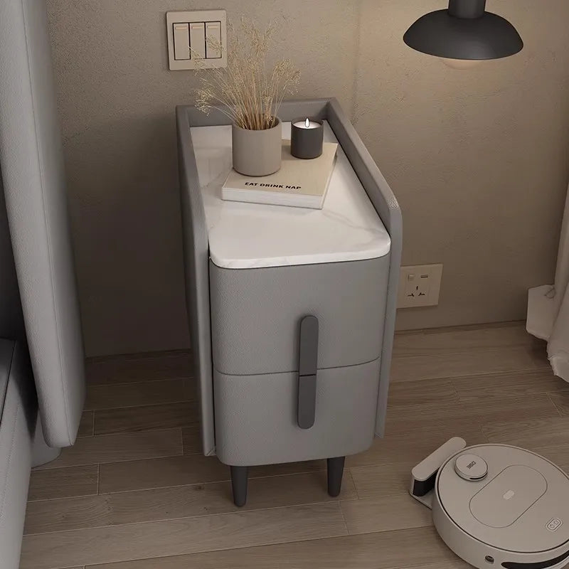 Moder Style Wooden Bedside Table Mini Narrow Leather Bedroom Nightstand Side Storage Cabinet with 2 Drawers Hotel End Table