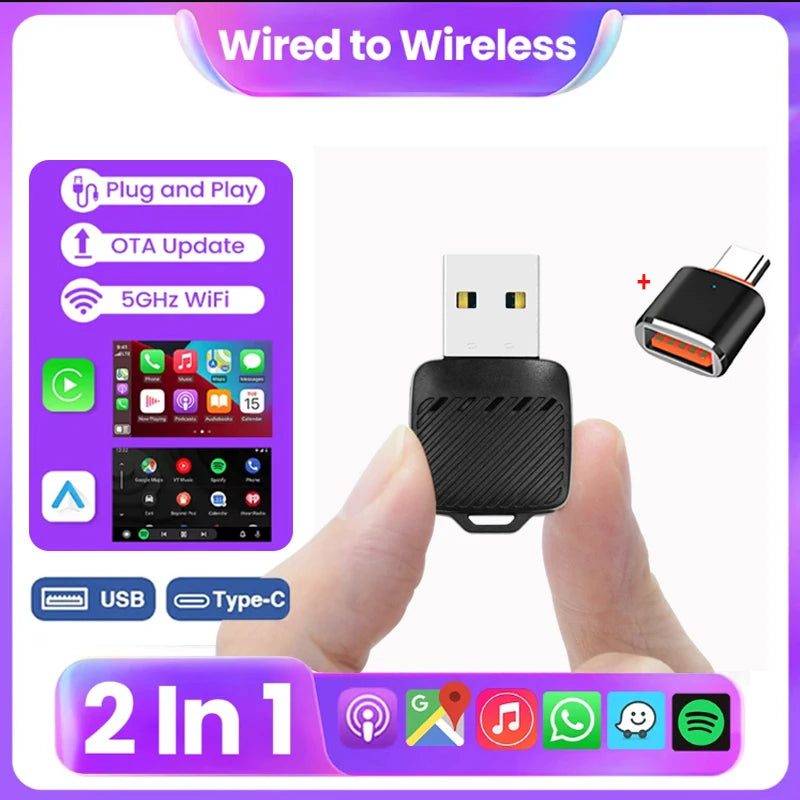 2 in 1 Wired to Wireless Car CarPlay Adapter Android Auto AI Box Plug & Used for OEM Wired CarPlay AA Navigation System
