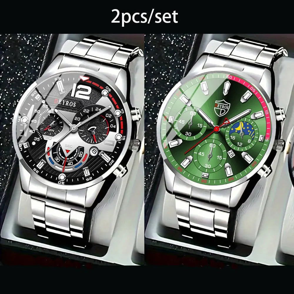 2 PCS/set  Men's Watches Fashion Sports Quartz Alloy Dial Strap Round Dial Quartz Movement Display Date Best Choice for Gift!