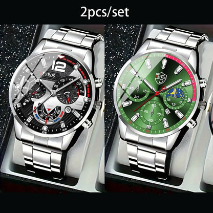 2 PCS/set  Men's Watches Fashion Sports Quartz Alloy Dial Strap Round Dial Quartz Movement Display Date Best Choice for Gift!
