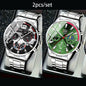 2 PCS/set  Men's Watches Fashion Sports Quartz Alloy Dial Strap Round Dial Quartz Movement Display Date Best Choice for Gift!