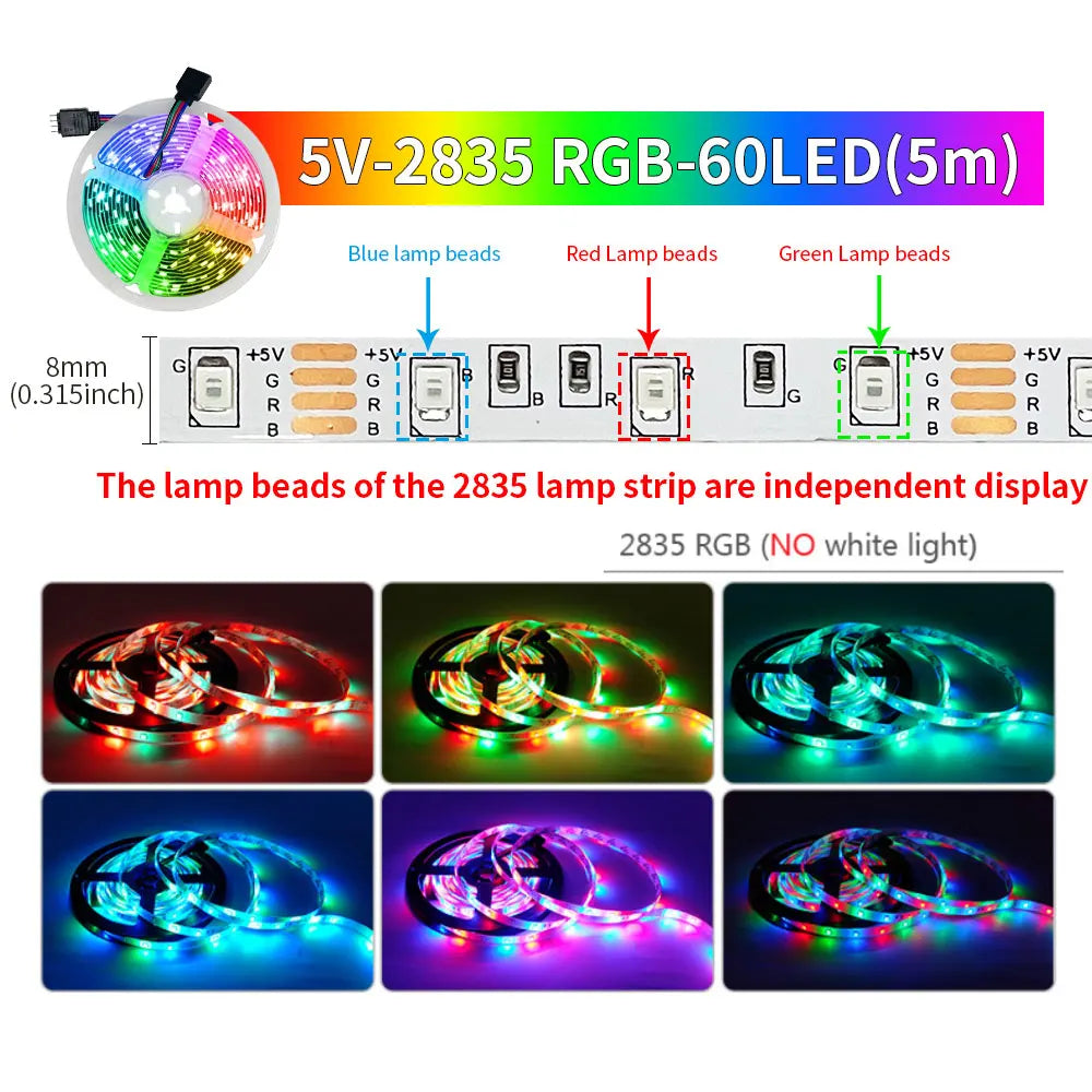 5M USB Led Strip Lights RGB 2835 60 LED Bluetooth APP Control Luces Led Flexible Diode Decoration For Living Room Lamp Ribbon