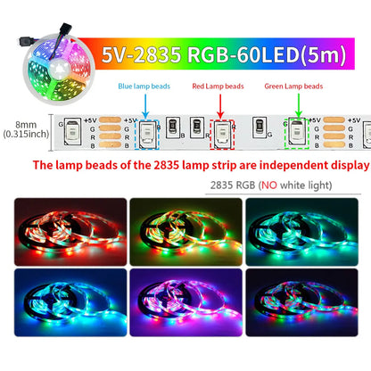5M USB Led Strip Lights RGB 2835 60 LED Bluetooth APP Control Luces Led Flexible Diode Decoration For Living Room Lamp Ribbon