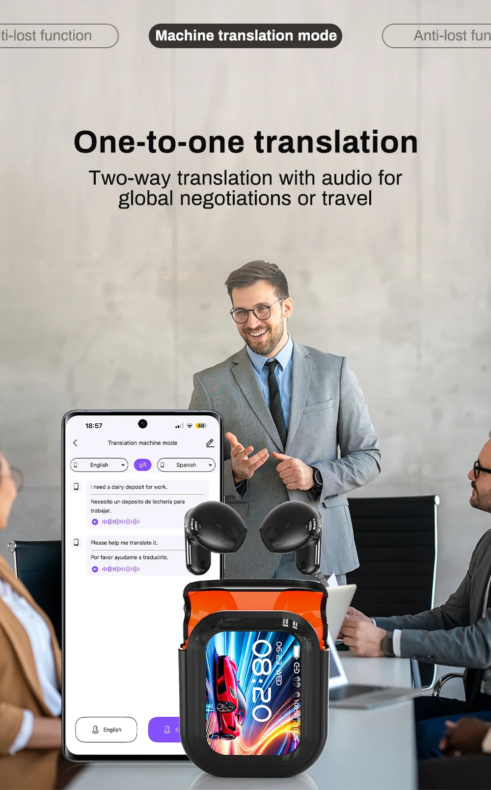 NE20 AI Instant Translation Wireless Earbuds, Bluetooth 6.0 Headphones, IPX4 Waterproof Long Endurance Battery Life Touch Screen