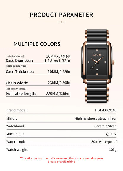 LIGE Creative Square Watch For Women Fashion Elegant Women's Bracelet Watch Stainless Steel Waterproof Date Quartz Wristwatches