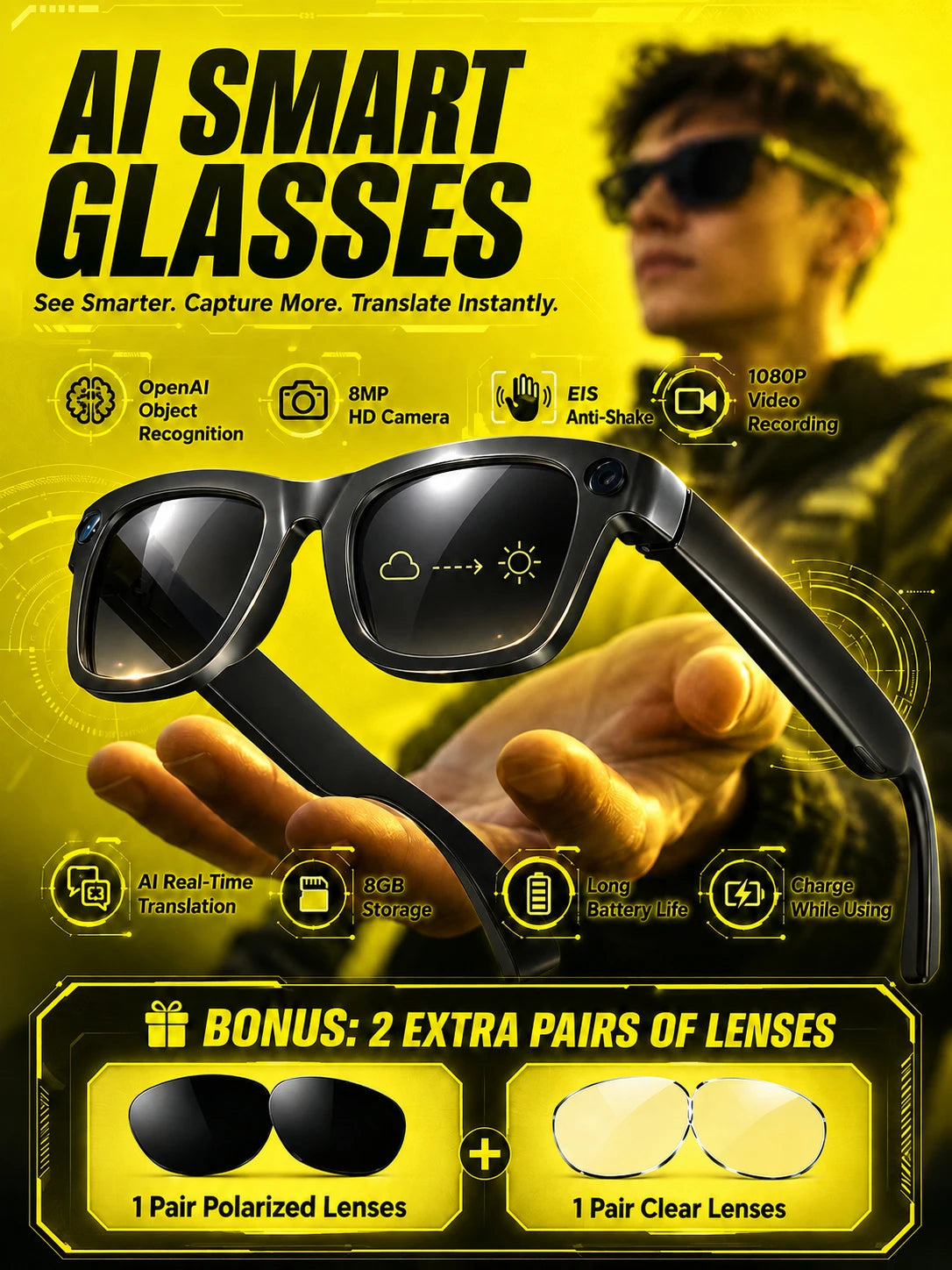 4K UHD AI Smart Glasses 8GB with 8MP Camera, Anti-Shake HD Video Recording, AI Translation Bluetooth Calling, iOS Android 2026