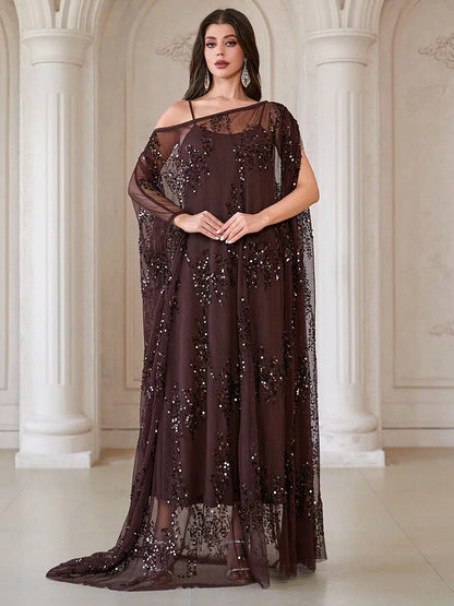 TOLEEN Elegant Round Batwing Sleeve Women's Robe, Decorated With Contrast Sequins And Ruffle Details, Non-Stretch Fabric Spring