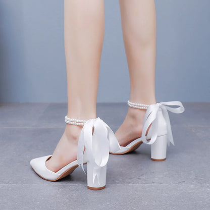 Women's Open Toe Block Heel Pearl Wedding Shoes for Bride Chunky Heeled Sandals Bridal Shoes Pumps