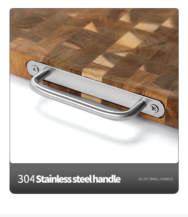 Large Acacia Wood Cutting Board, Checkerboard End Grain Butcher Block, Thick Reversible Wooden Chopping Board with Metal Handle