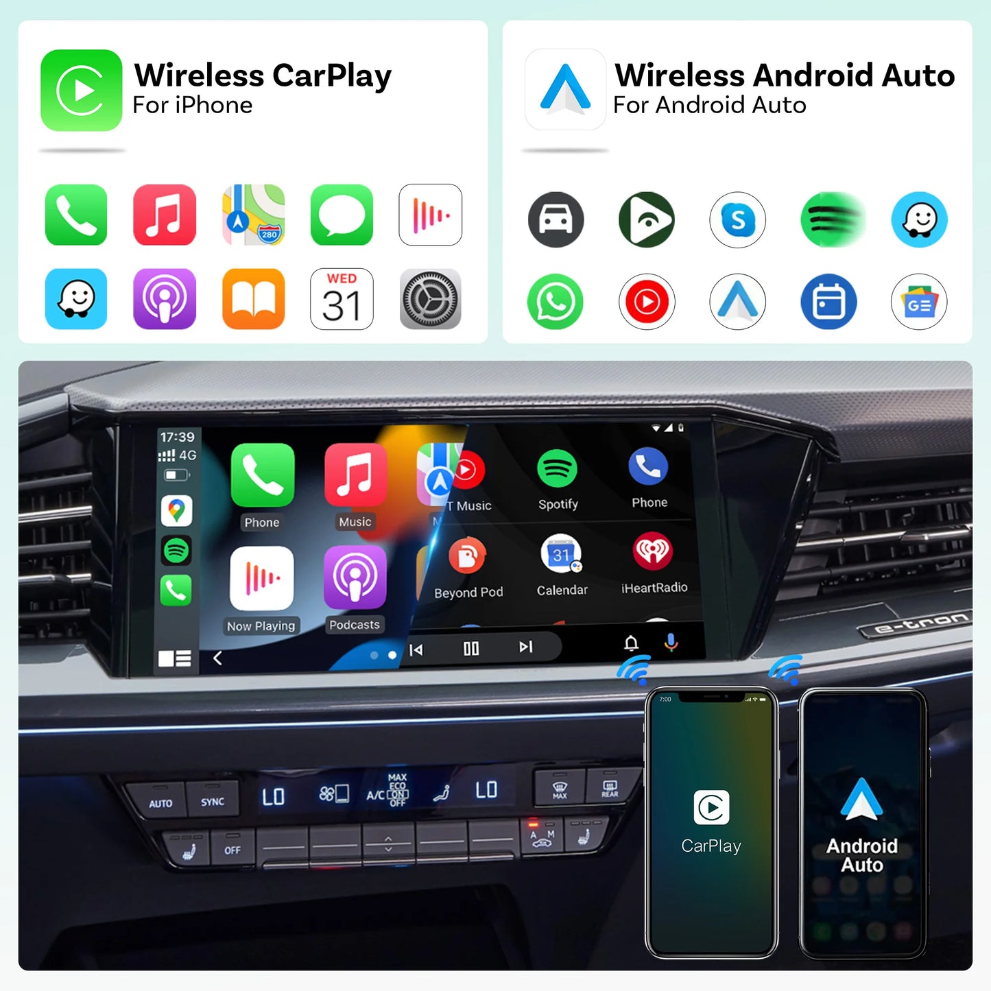 OTTOCAST Mini Dot Cube Wireless CarPlay Android Auto Adapter 2 in 1 USB AI Car Accessories for Totoya VW Benz Chevrolet Hyundai