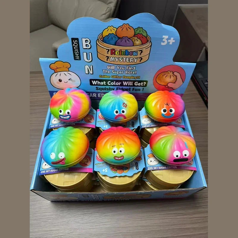 12Pcs Rainbow Cartoon Squishy Bun Set Slow Rebound Stress Relief Fidget Cute Simulation Dumpling Gift Box For Kids Collect Play