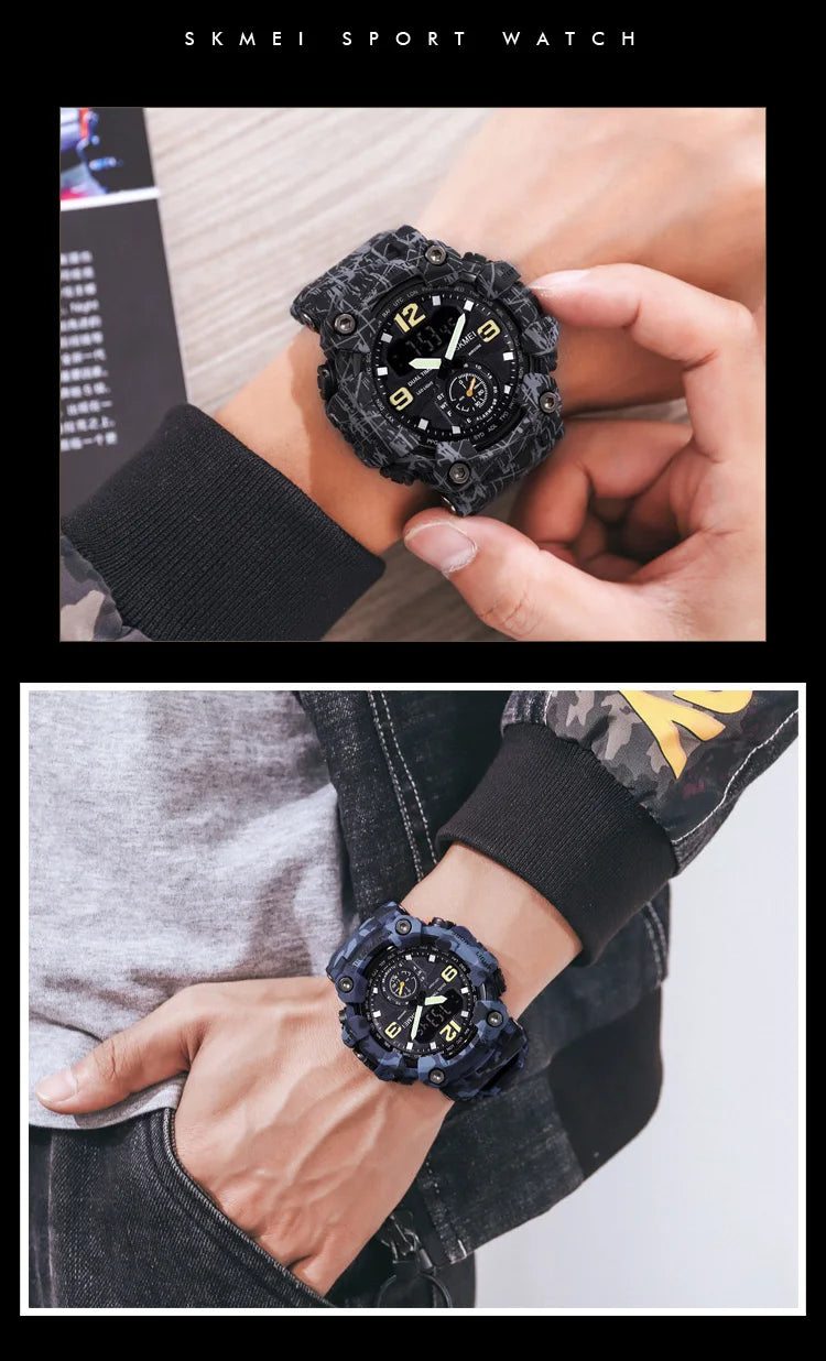 Skmei Dual Movement 3 Time Sport Wristwatch Mens Waterproof Electronic Watches Montre Homme Shockproof Digital Men Watch 1637