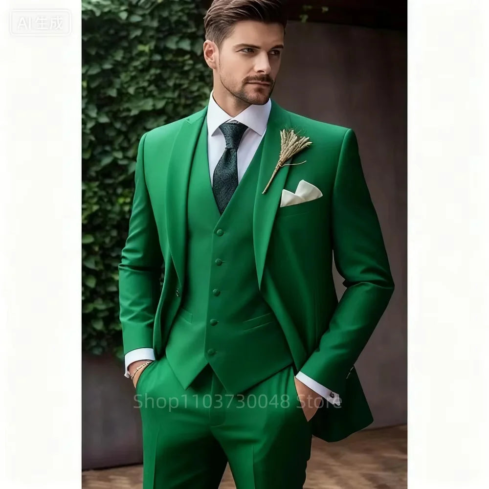 Luxury Solid 3-Piece Men's Tuxedo Suits Slim Fit Peak Lapel Blazer Vest And Pants Set for Prom Wedding Business Men Clothes