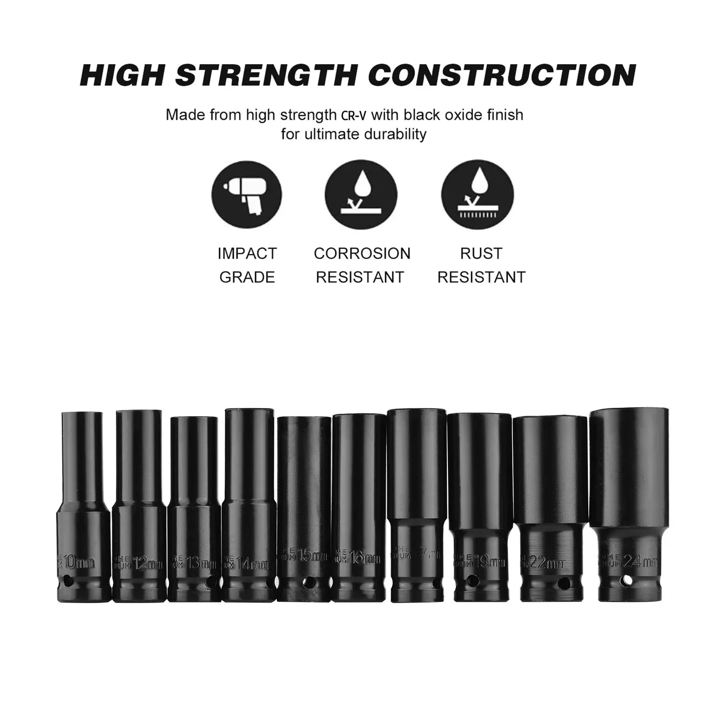 10pcs 1/2 Drive Metric Impact Socket Set Universal Deep Socket Wrench for Air Pneumatic Repair Tools