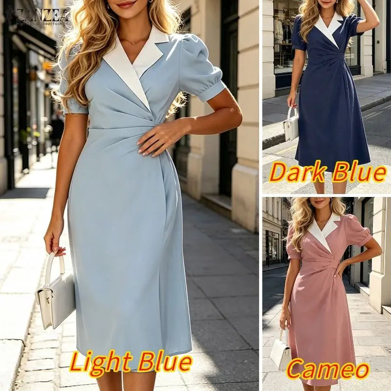 ZANZEA Elegant vColor-Blocked Bodycon A-Line Midi Dress Lapel Collar Short Puff Sleeves Ruched Waist Office Work Vestidos