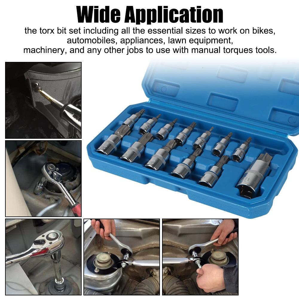 T8-T70 Torx Bit Socket Set 1/4" 3/8" 1/2" Drive Car Removal Tools Socket Wrench Tools 13 Pcs For Ratchet Torque Spanner