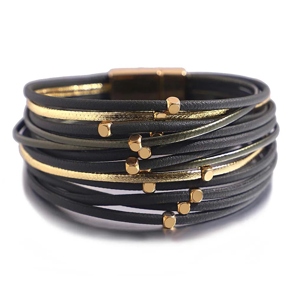 ALLYES Charm Triple Color Leather Bracelet for Women Bohemian Metal Beads Multilayer Thin Strip Wrap Bracelets Fashion Jewelry