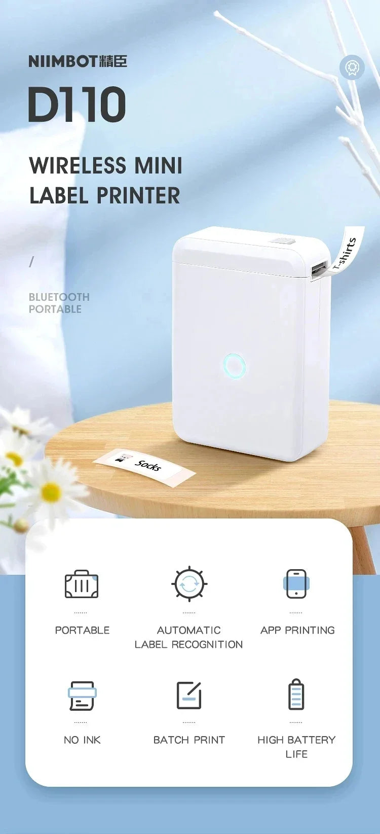Niimbot D110 Przenośna Mini Drukarka Termiczna Samoprzylepna Etykietarka Bez tuszu Kieszonkowa Etykieciarka Drukarka UV do Etykiet Mobilnych
