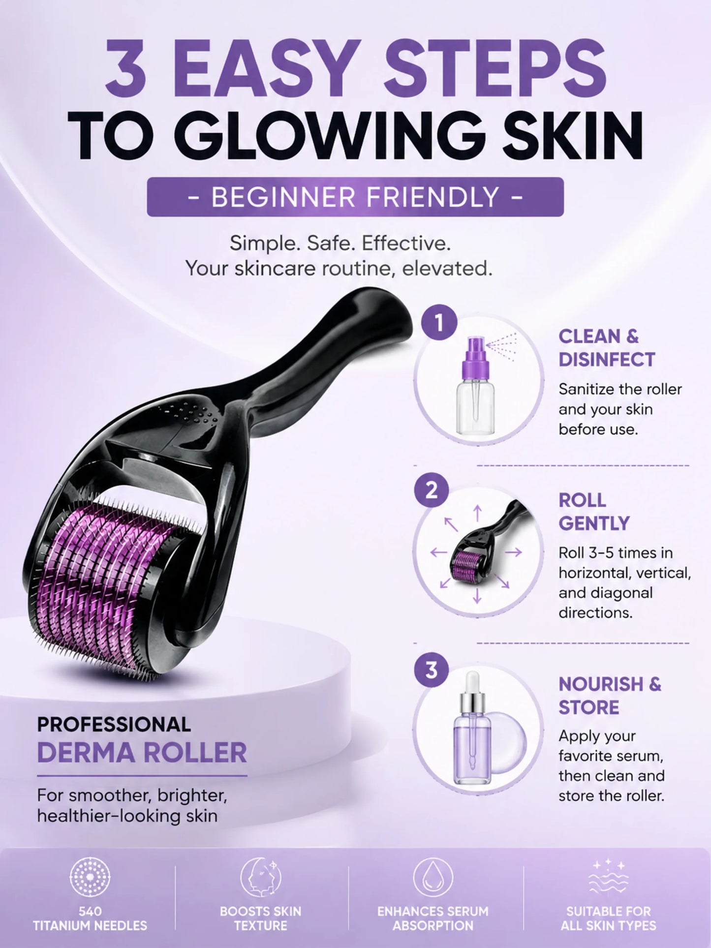 540 Titanium Derma Roller 0.25mm, Microneedle Roller for Face Skin Care, Hair & Beard Growth