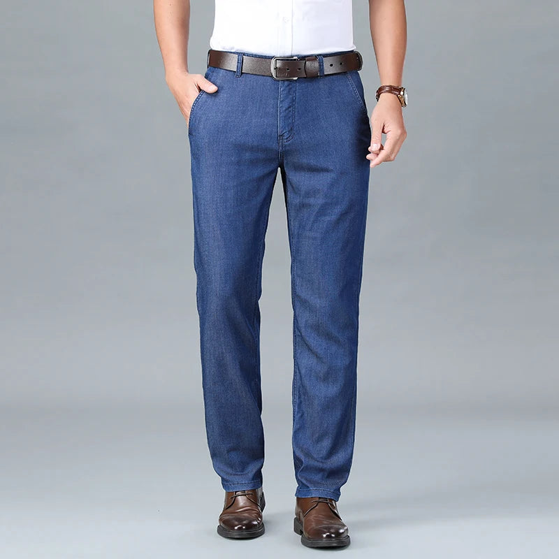 2026 Summer Branded Cloth Men's Business Casual Office Lightweight Lyocell Jeans Medium-high Waist Straight Loose Thin Trousers