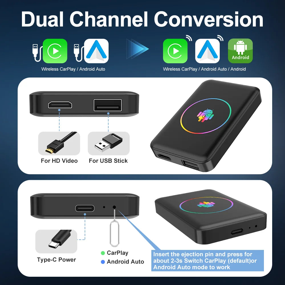 Android 14 4+64G Wireless CarPlay Ai Box Kowankit Smart HDMI Plug & Play 5 in 1 Android Auto Car Tv Box For YouTube Netflix 2026