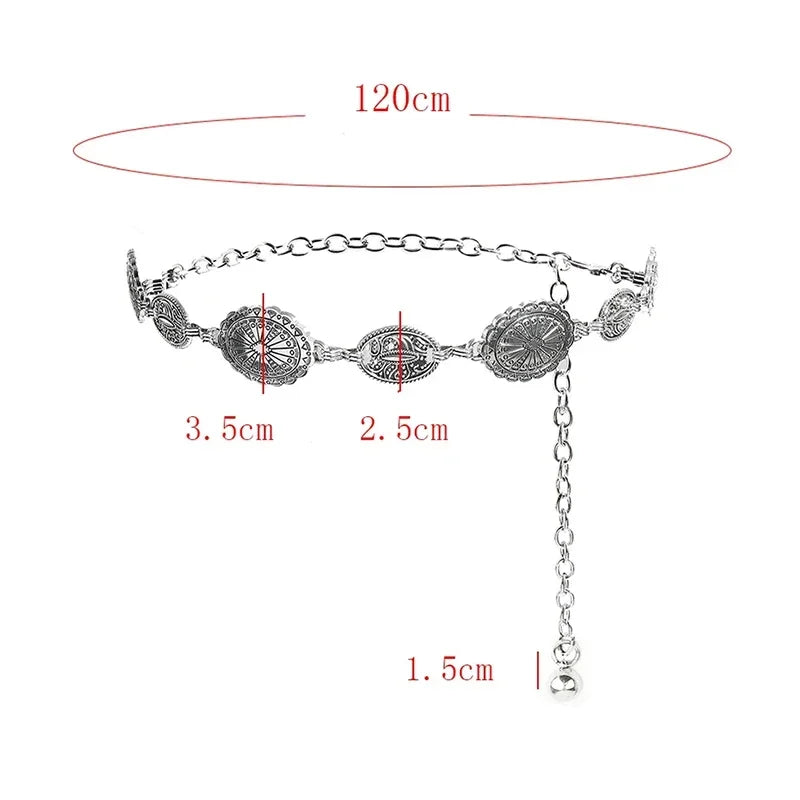 Retro style women's metal waist chain accessories Decorative circle carved chain belt high style accessories