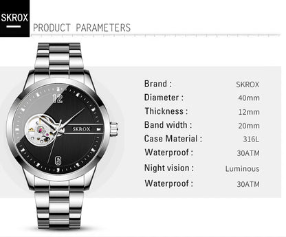 SKROX Original Luxury Brand Waterproof Tourbillon Automatic Clock Steel Skeleton Mechanical Man Watch Business Male Wristwatches