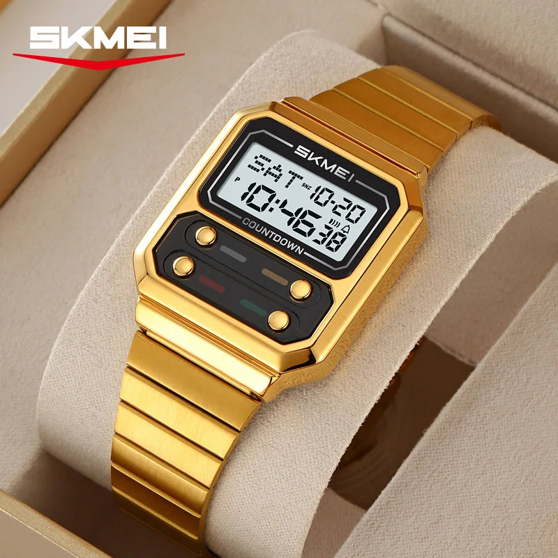 SKMEI 2448 Fashion Men Electronic Watch Vintage Business Luminous Calendar Waterproof Steel Strap Casual Digital Watches for Man