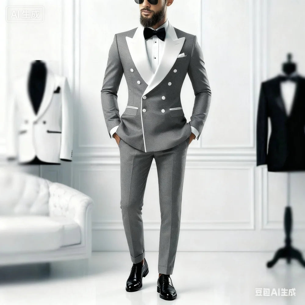 2-Piece Men's Casual Smolking Set with White Lapel Blazer And Black Pants Wedding Groomsmen Suit for Ceremony And Festa