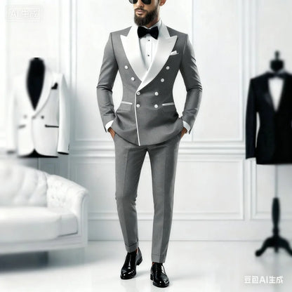 2-Piece Men's Casual Smolking Set with White Lapel Blazer And Black Pants Wedding Groomsmen Suit for Ceremony And Festa