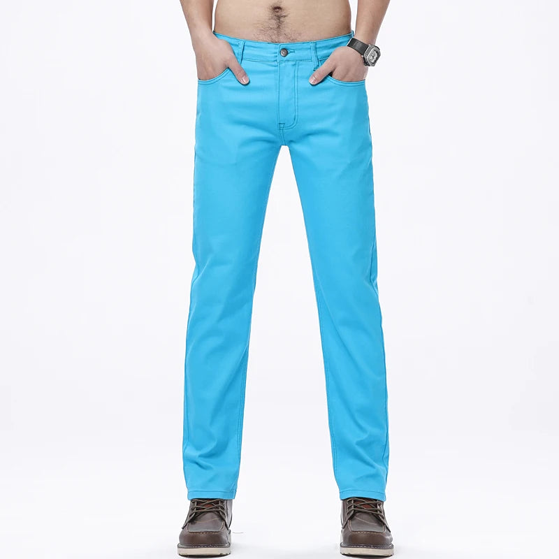 Men Classic Solid Color Fashion Jeans Business Casual Slim Fit Straight Elastic Pants Spring/Summer Thin Male High End Trousers