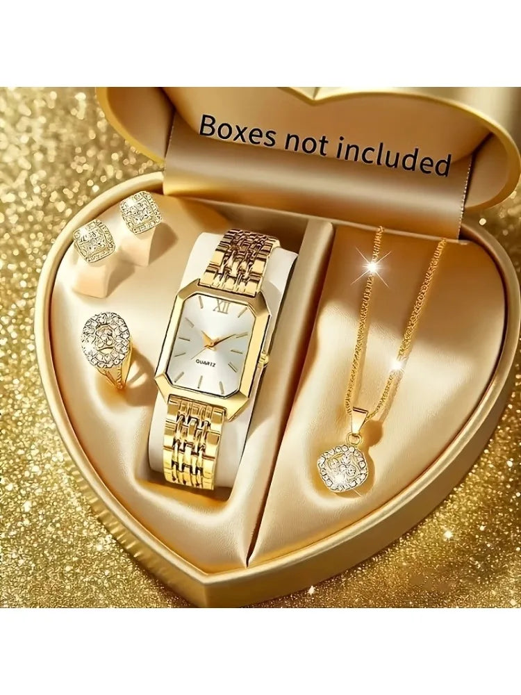 5PCS/Set Elegant Rectangle Women Watches Fashion Roma Dial Ladies Quartz Wristwatch Rhinestone Jewelry Set（Without Box）