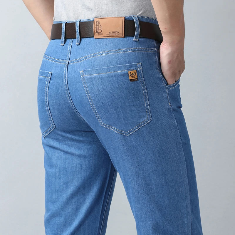 2026 New Spring Summer Ice Silk Thin Men's Light Blue Straight Slim Jeans Stylish Casual Stretch Denim Pants Classic Trousers 40