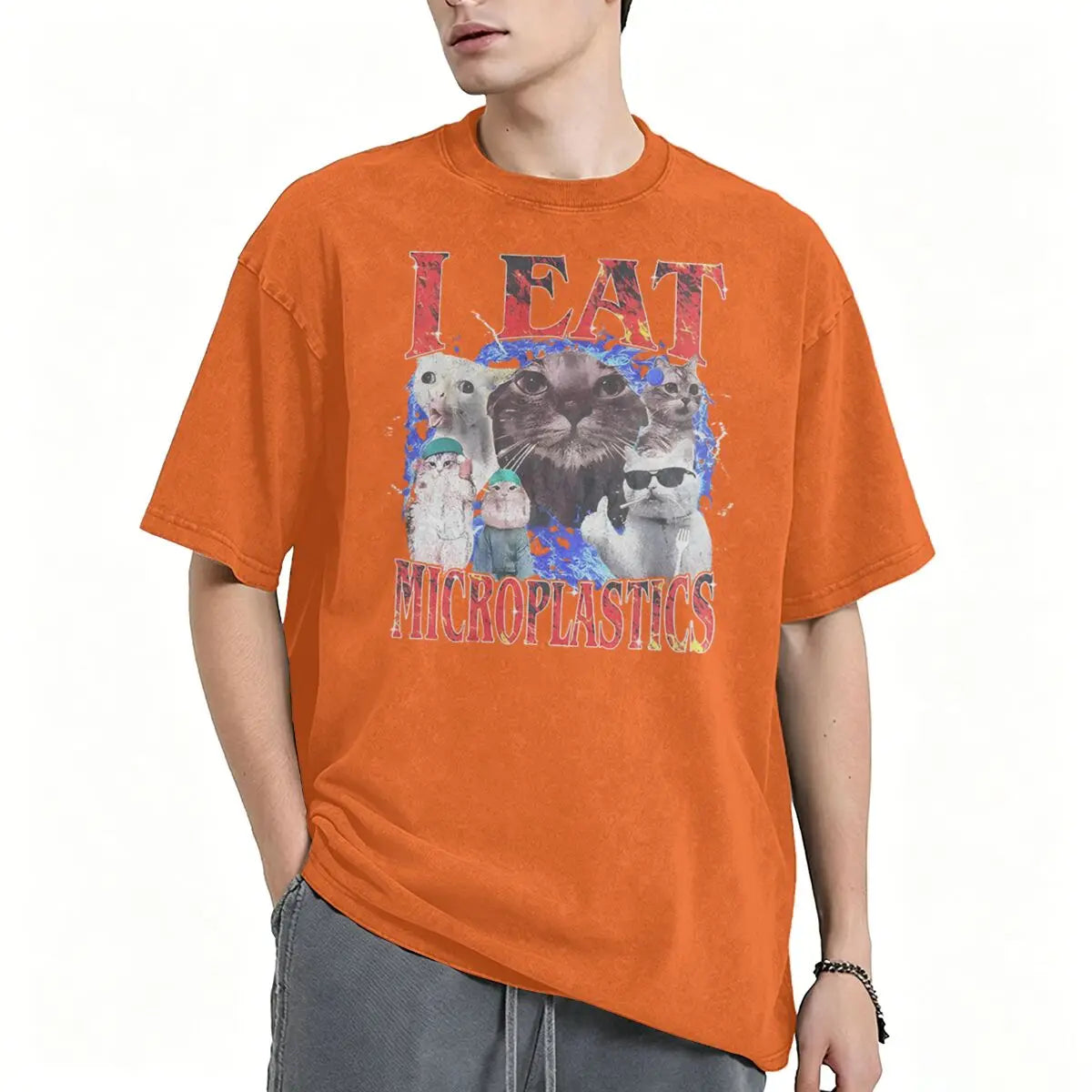 I Eat Microplastics Meme Cats Retro T Shirt 100% Cotton Vintage Washed T-shirt For Men Women
