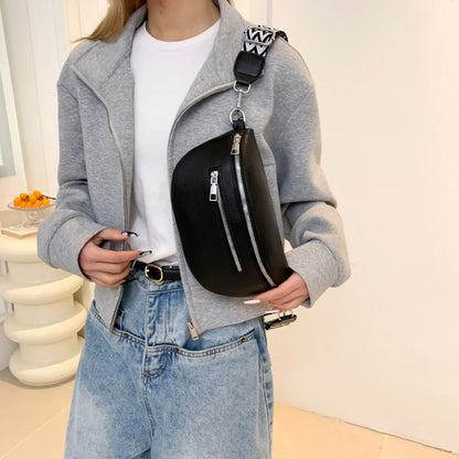 2024 Luxury Designer Women's Chest Bag PU Leather Wide Strap Shoulder Crossbody Bag Female Fashion Fanny Pack Banana Waist Bag