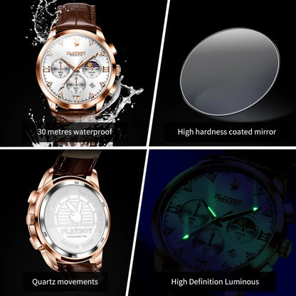 PLAYBOY 3035 Brand original authentic watches for man luxury Gift Box fashion Belt chronograph calendar quartz men's watch