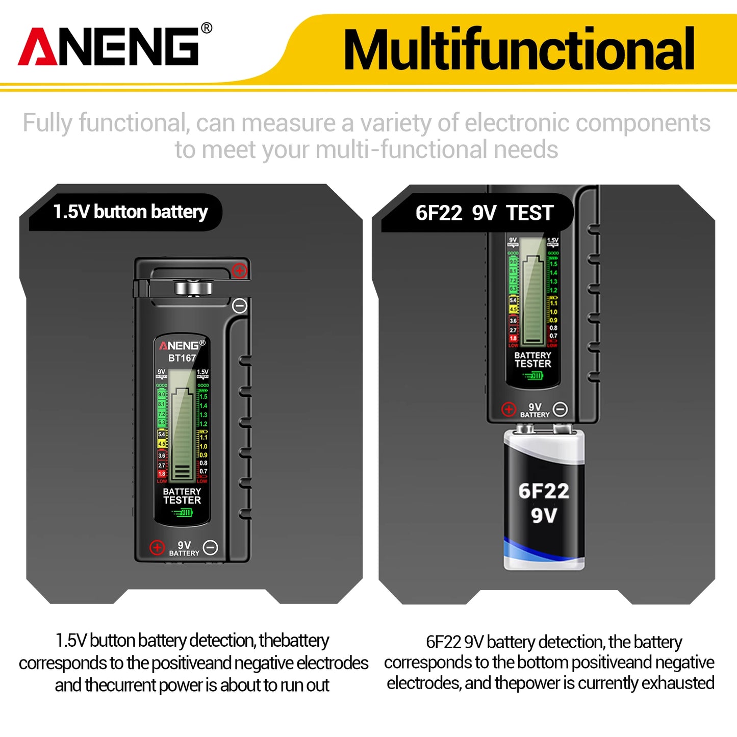 ANENG BT167 household battery level tester does not require power supply to measure D/C/AA/AAA/9V/button battery level detector