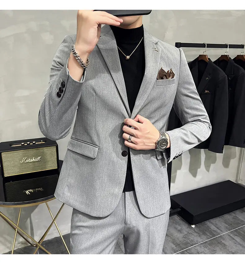 High quality Korean slim fit (suit + trousers) Fashion business handsome casual solid color wedding suit two-piece set