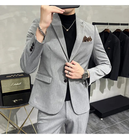 High quality Korean slim fit (suit + trousers) Fashion business handsome casual solid color wedding suit two-piece set