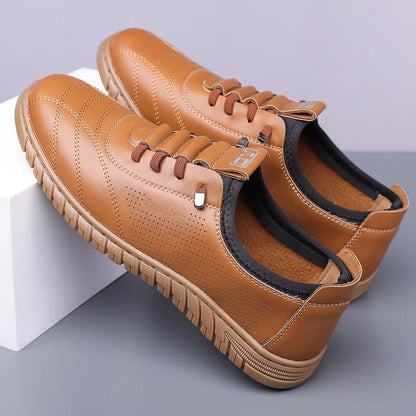 Men's Breathable Hollow Loafers Slip-On Leather Shoes Comfortable Casual Anti-Slip Deodorant Soft Bottom Sandals-HT193