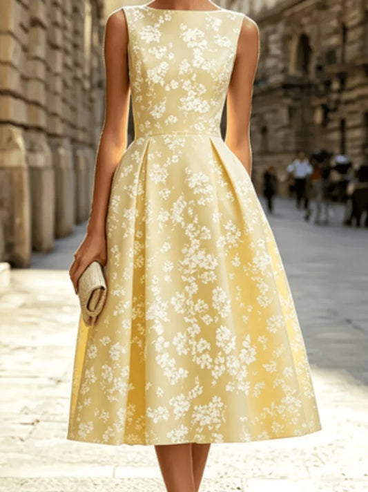 Floral Short-Sleeve Dress Round Neck Fitted Waist A-Line Mid-Length European Style French Charm Women's Casual Dresses