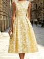 Floral Short-Sleeve Dress Round Neck Fitted Waist A-Line Mid-Length European Style French Charm Women's Casual Dresses