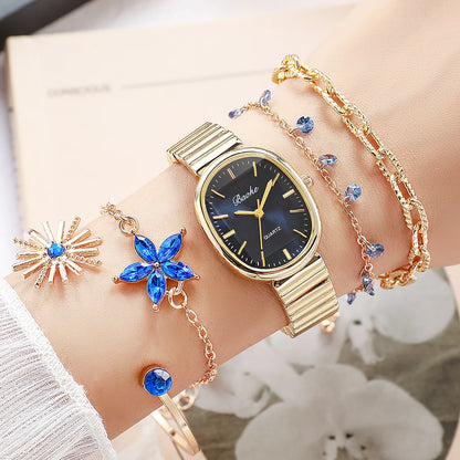 Elegant Blue Gem Gold Watch & Jewelry Set - Oval Navy Dial Quartz Watch, Starflower & Teardrop Crystal Bracelets, Sunburst & Rou