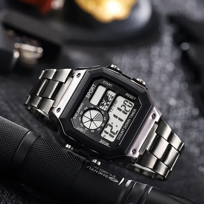 YIKAZE Luxury Men's Business Watch Stainless Steel Strap Men Digital Watch Luminous Multifunction Sports Electronic Wristwatch