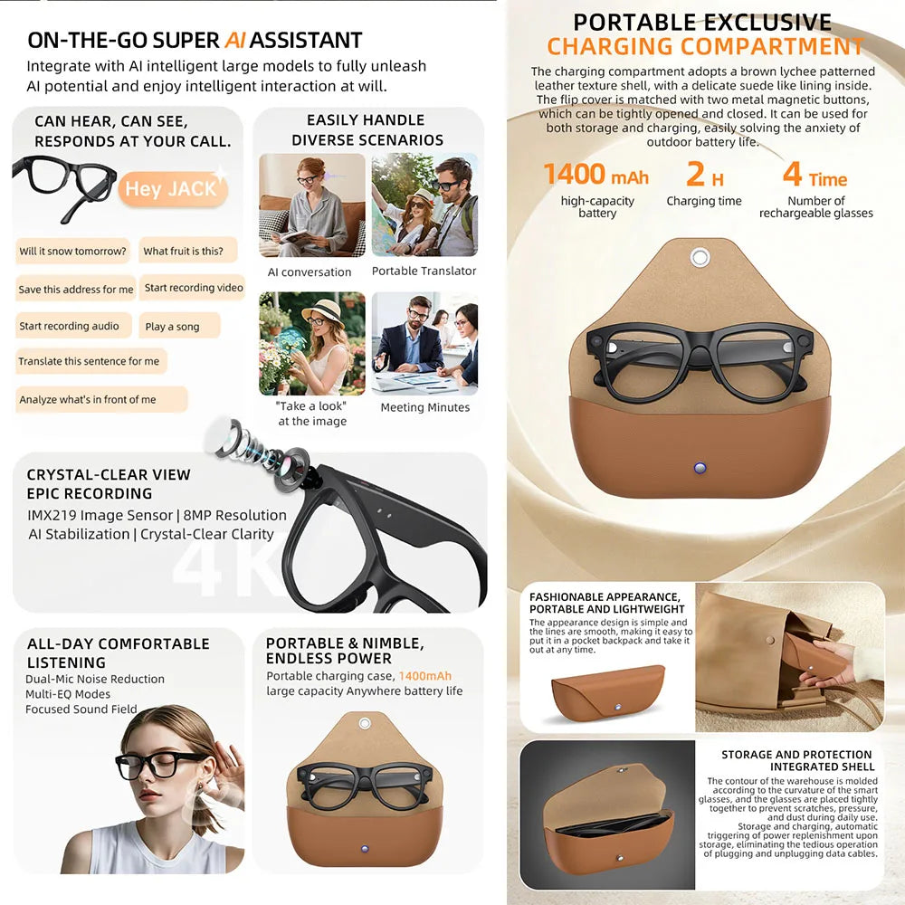 2026 New Smart Glasses Video Recording AI Dialogue Translation 800W HD Camera EIS Anti-Shake Shooting Smart Glasses Men Women