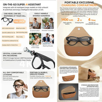 2026 New Smart Glasses Video Recording AI Dialogue Translation 800W HD Camera EIS Anti-Shake Shooting Smart Glasses Men Women