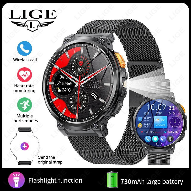 LIGE 1.85-inch AMOLED Smart Watch Men with LED Flashlight IP68 Waterproof Smartwatch 730mAh Bluetooth Call Smartwatches For Men