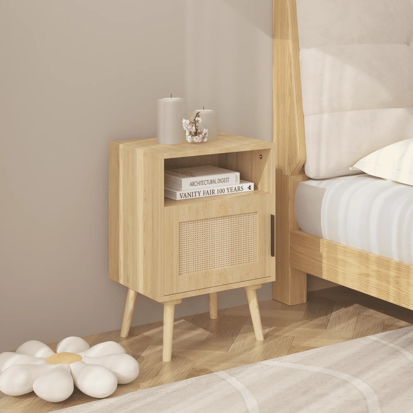 Nightstand with Door and Open Shelf Rattan Bedside Table for Compact Bedrooms Apartments